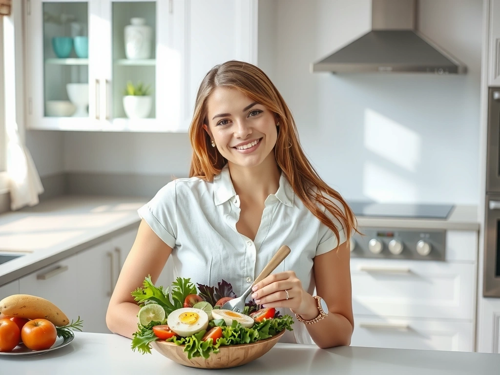 Giovane donna che mangia un'insalata fresca e colorata con un sorriso, simbolo di benessere e salute.
