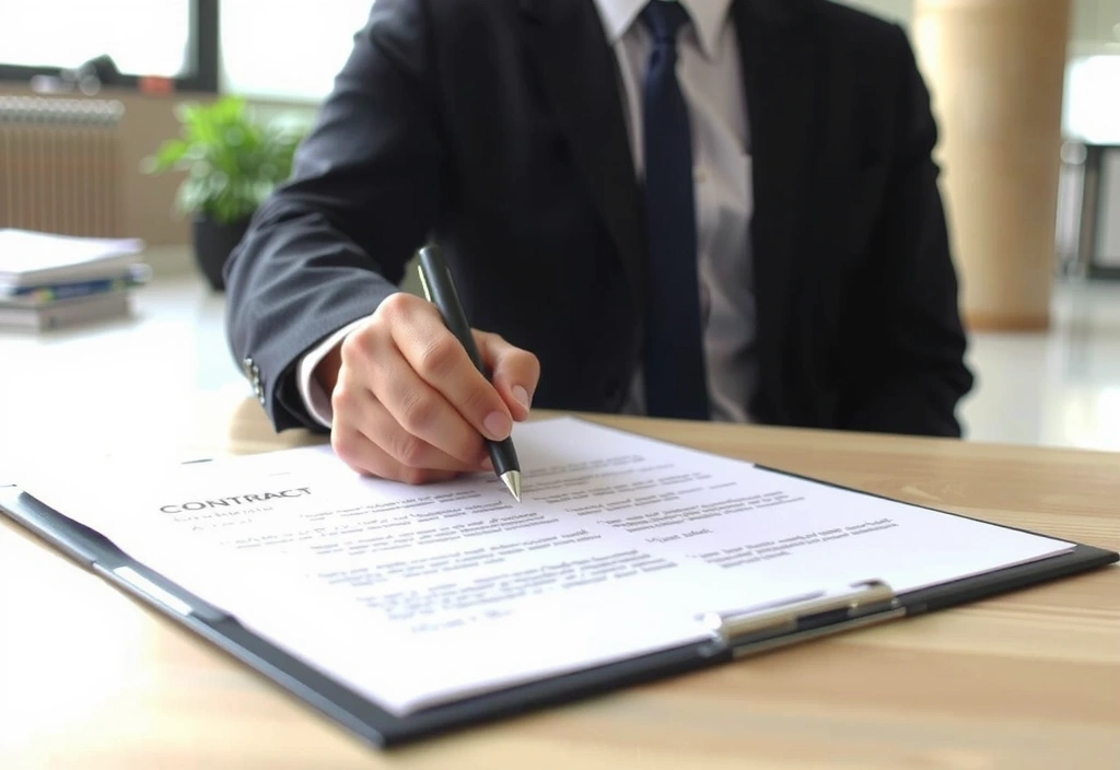 Mano che firma un documento legale con penna