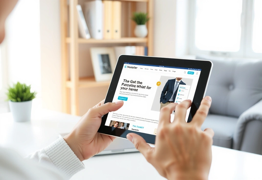 Persona che naviga un sito web su un tablet in un ambiente pulito e moderno