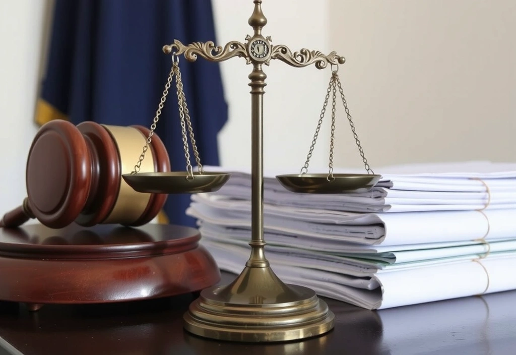 Simbolo della bilancia della giustizia con un martelletto e documenti legali