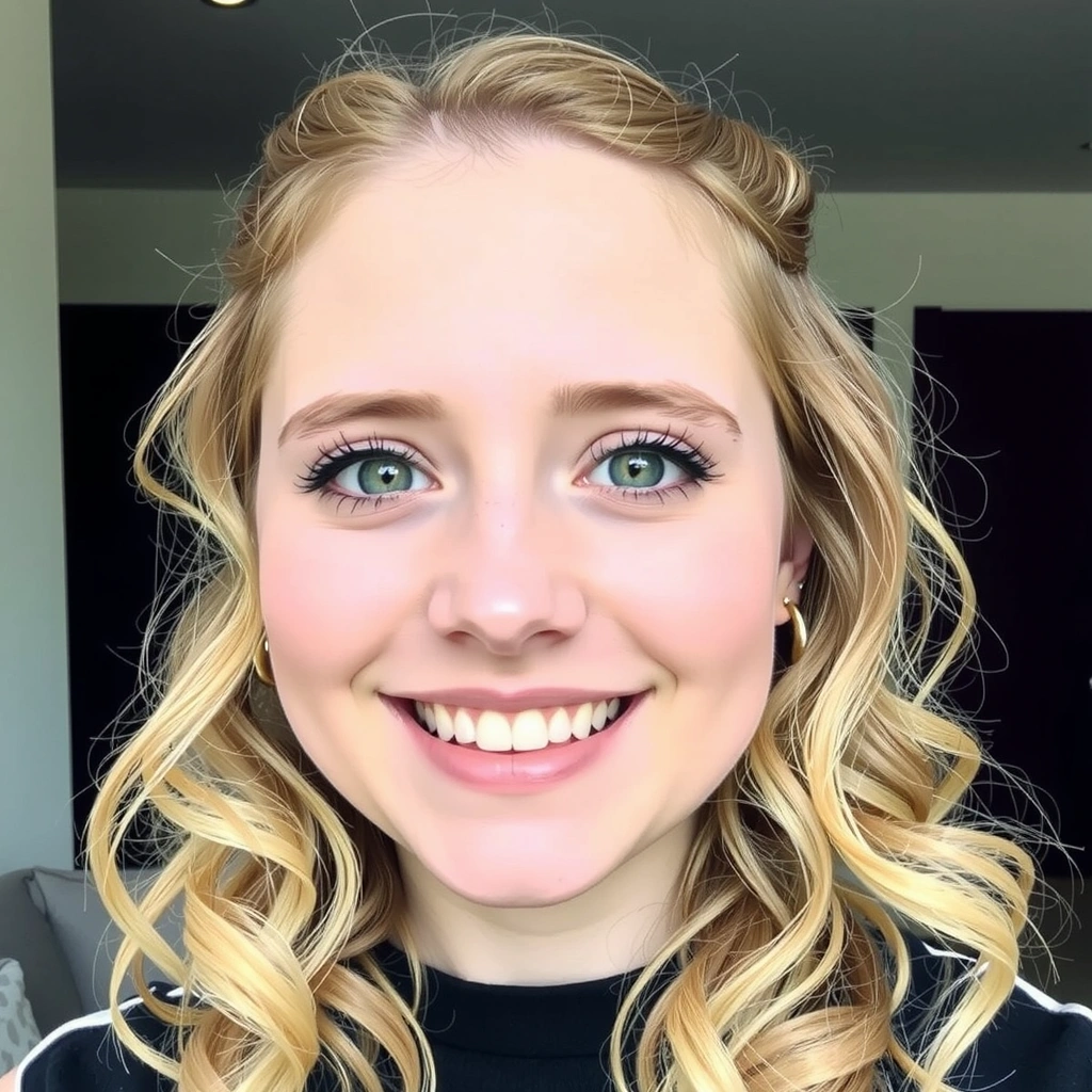 Ritratto sorridente di Sofia Bianchi, una giovane donna di circa 25 anni con capelli ricci e un'espressione gioiosa